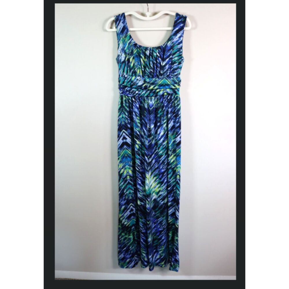AB Studio Blue Abstract Print Ruched Maxi Dress Sleeveless Stretch Small